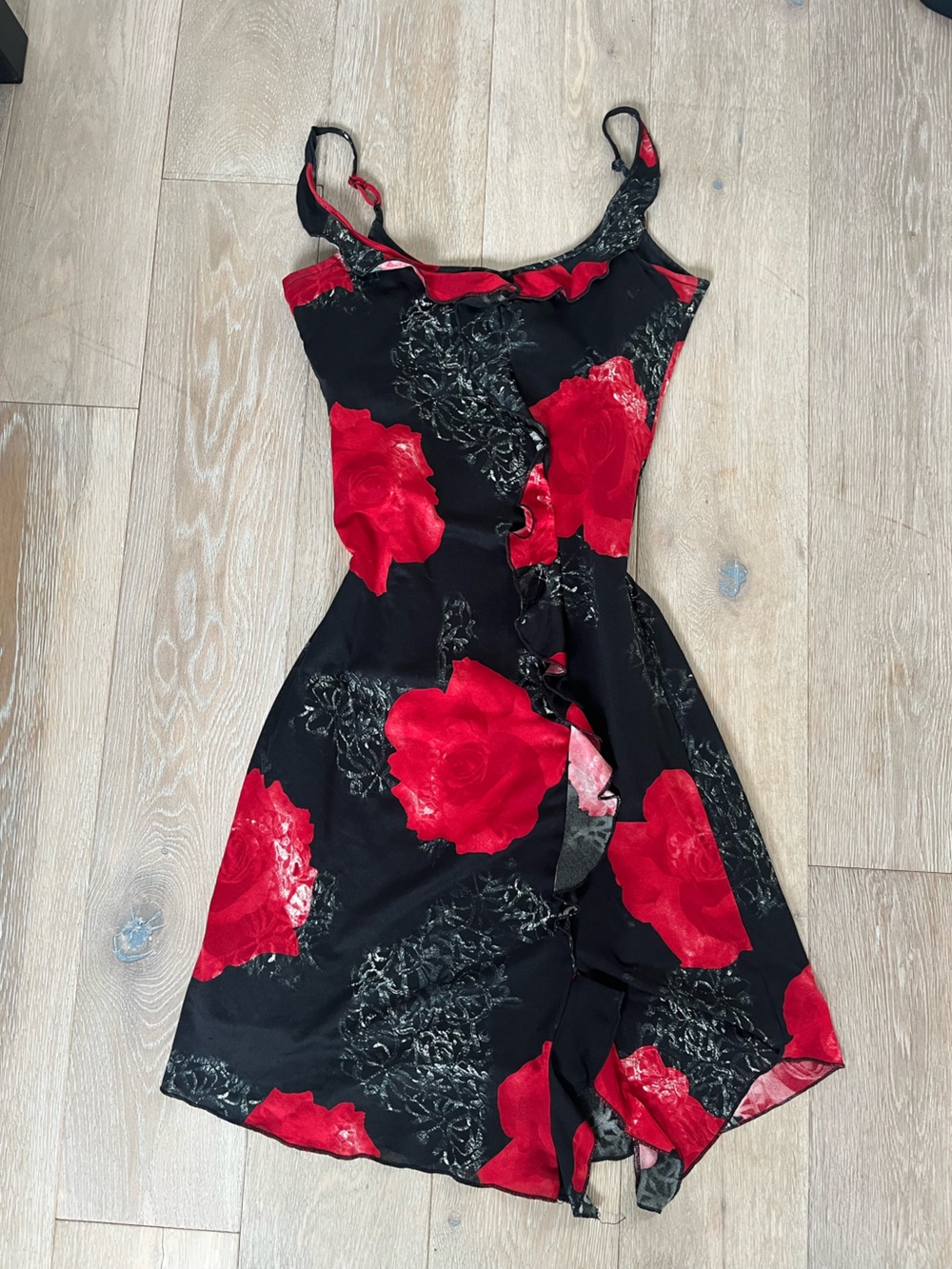 Women's Black Midi Dress with Red Rose Print